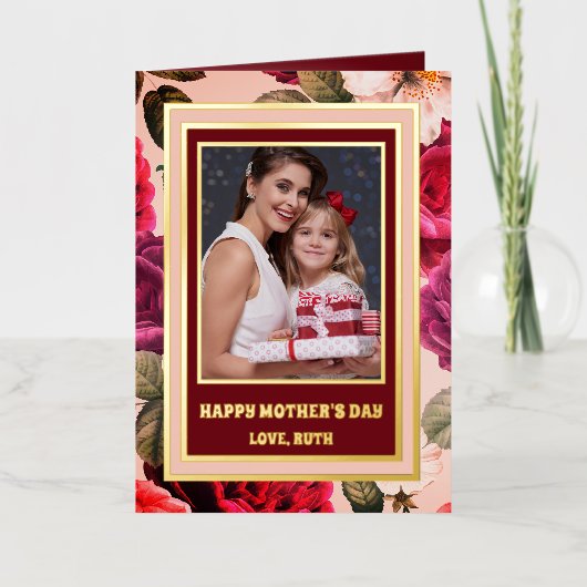 Vibrant | Fijne Moederdag Roze Rozen Fotogoud Folie Feestdagenkaart (Voorkant)