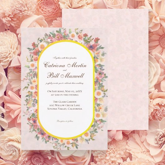 Vibrant Floral Arch Gold Frame Wedding Invitation Kaart
