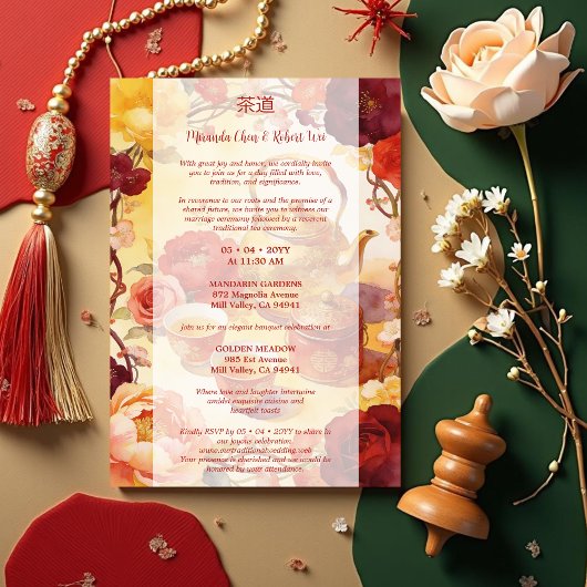 Vibrant Floral Chinese Tea Ceremony Wedding Kaart
