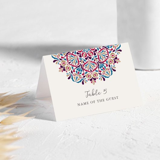 Vibrant Floral Delight Mandala Wedding Place Card  Kaart