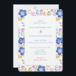 Vibrant Floral Folk Art Wedding Kaart<br><div class="desc">Make a bold first impression with this stunning wedding invitation, featuring a lush border of hand-painted folk art florals in rich cobalt blue, hot pink, golden yellow, and soft grey. Perfect for couples who want something a little different — colourful, characterful, and full of personality. The crisp white background lets...</div>
