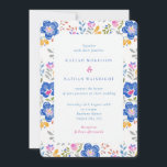 Vibrant Floral Folk Art Wedding Kaart<br><div class="desc">Make a bold first impression with this stunning wedding invitation, featuring a lush border of hand-painted folk art florals in rich cobalt blue, hot pink, golden yellow, and soft grey. Perfect for couples who want something a little different — colourful, characterful, and full of personality. The crisp white background lets...</div>