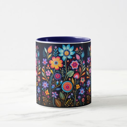 Vibrant Floral Garden Black Ceramic Combo Mug Mok (Midden)