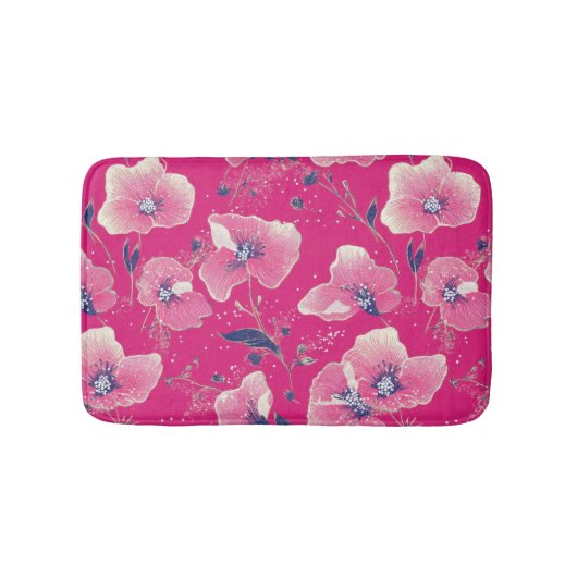 Vibrant Floral Pattern in Pink, White & Royal Blue Badmat (Voorkant)