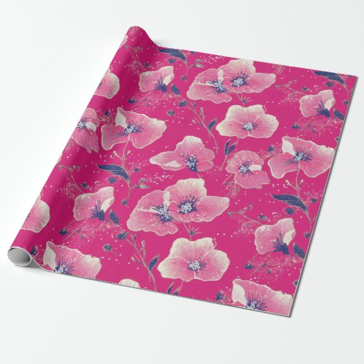 Vibrant Floral Pattern in Pink, White & Royal Blue Cadeaupapier (Uitgerold)