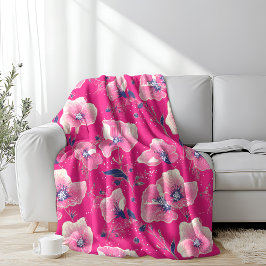 Vibrant Floral Pattern in Pink, White & Royal Blue Fleece Deken