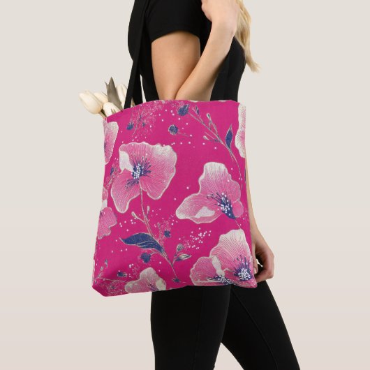 Vibrant Floral Pattern in Pink, White & Royal Blue Tote Bag (Dichtbij)
