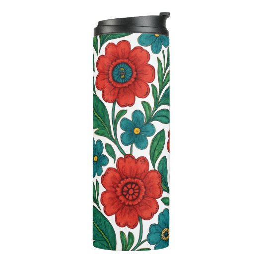 Vibrant Floral Pattern with Red and Teal Blooms Thermosbeker (Gedraaid links)