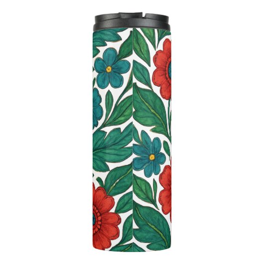Vibrant Floral Pattern with Red and Teal Blooms Thermosbeker (Achterkant)