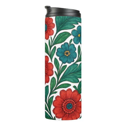 Vibrant Floral Pattern with Red and Teal Blooms Thermosbeker (Geroteerd rechts)