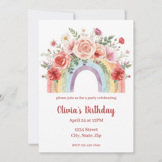 Vibrant Floral Rainbow Watercolor Birthday Party (Voorkant)