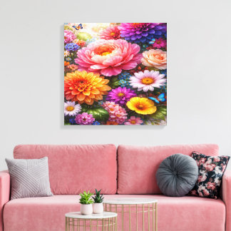 Vibrant Floral Symphony with Butterflies Canvas Afdruk
