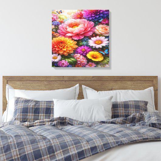 Vibrant Floral Symphony with Butterflies Canvas Afdruk (Insitu (Slaapkamer))