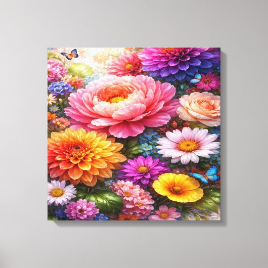 Vibrant Floral Symphony with Butterflies Canvas Afdruk (Voorkant)