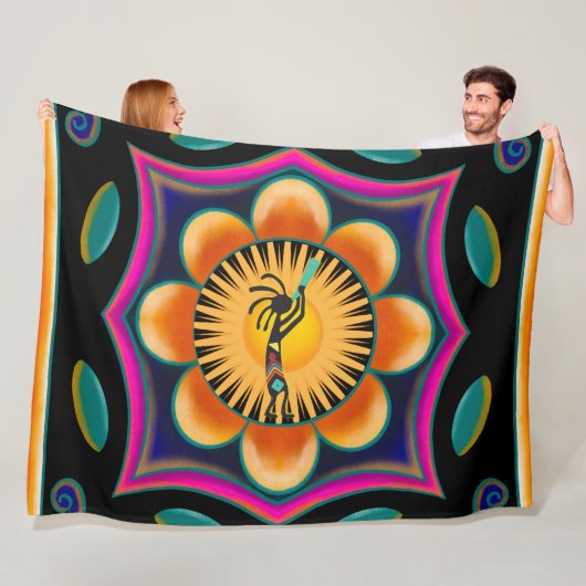 Vibrant Flower Southwestern Kokopelli Fleece Blank Deken (In situ)