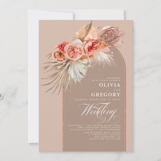 Vibrant Flowers and Pampas Grass Boho Wedding Kaart (Voorkant)