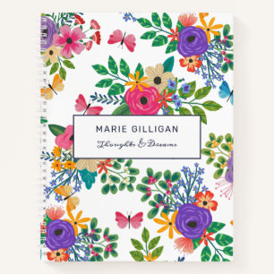Vibrant Flowers & Butterflies White Pattern Notitieboek