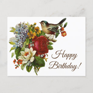 Vibrant Flowers en Bird Happy Birthday Briefkaart