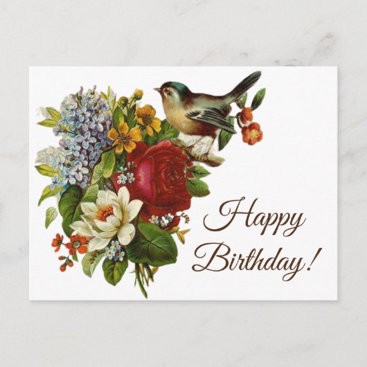 Vibrant  Flowers en Bird Happy Birthday Briefkaart (Voorkant)