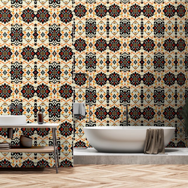 Vibrant Folk Art Damask Wallpaper Behang (Badkamer)