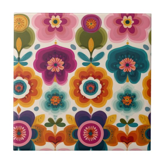 Vibrant Folk Art Flowers 70s Retro Floral Pattern Tegeltje (Voorkant)