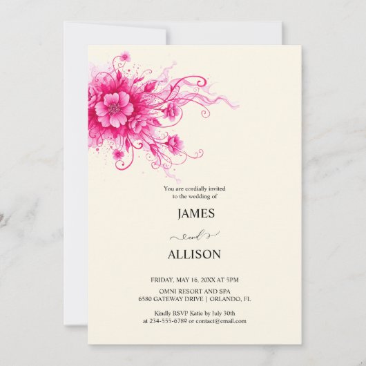 Vibrant Fuchsia Watercolor Flora Wedding  Kaart (Voorkant)