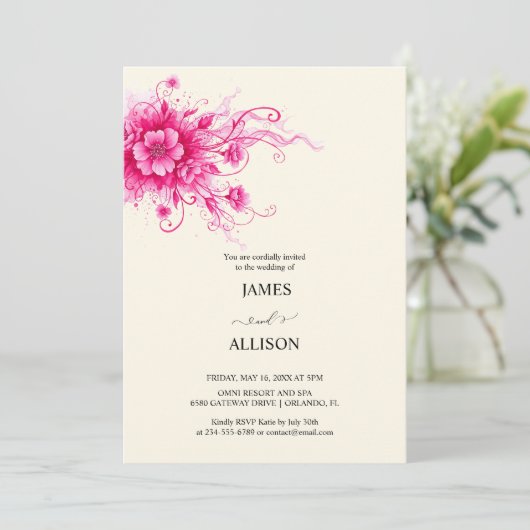 Vibrant Fuchsia Watercolor Flora Wedding  Kaart (Staand voorkant)