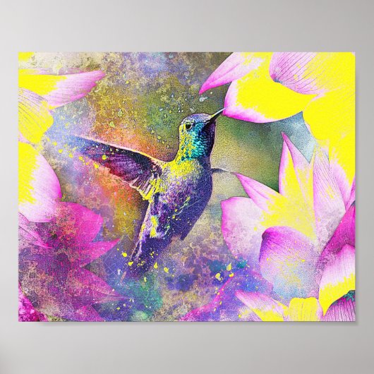 Vibrant Geel en Paars Floral Hummingbird Art Poster (Voorkant)