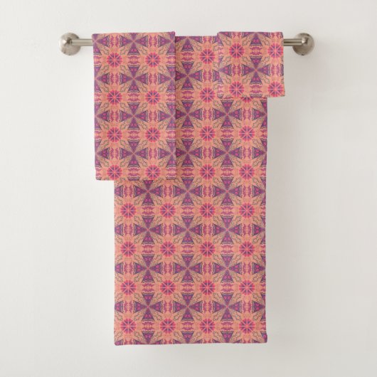 vibrant geometric pattern in pink, purple,  orange bad handdoek (Insitu)