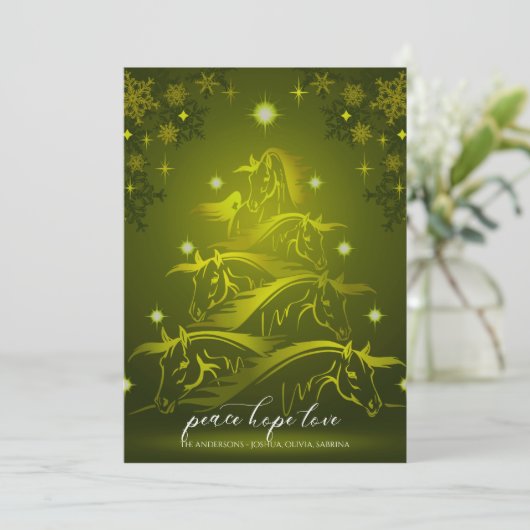 Vibrant Gold Green Abstracte kerstpaarden Feestdagenkaart (Staand voorkant)