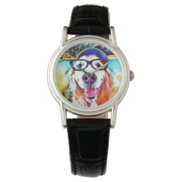 Vibrant Golden Retriever Nerd Glasschilfers Horloge