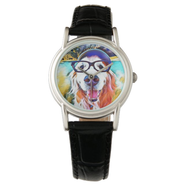 Vibrant Golden Retriever Nerd Glasschilfers Horloge (Voorkant)