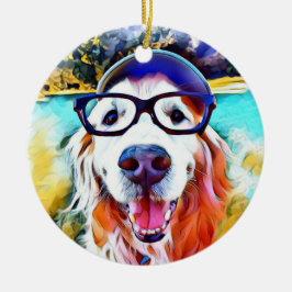 Vibrant Golden Retriever Nerd Glasschilfers Keramisch Ornament