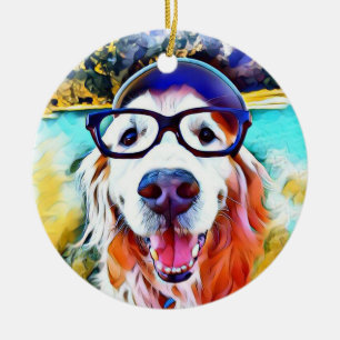 Vibrant Golden Retriever Nerd Glasschilfers Keramisch Ornament