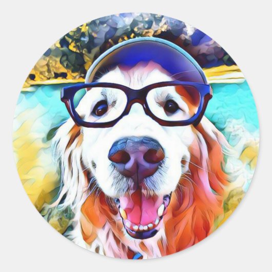 Vibrant Golden Retriever Nerd Glasschilfers Ronde Sticker (Voorkant)
