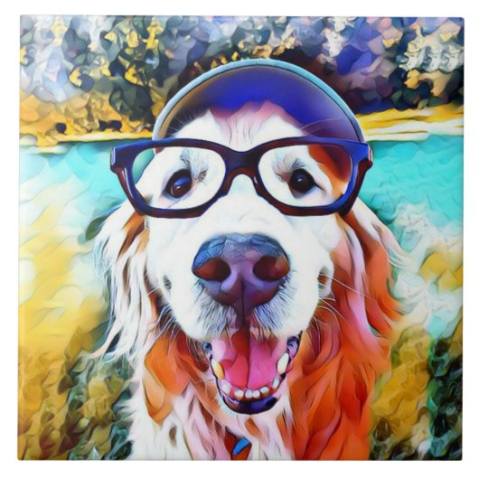 Vibrant Golden Retriever Nerd Glasschilfers Tegeltje (Voorkant)