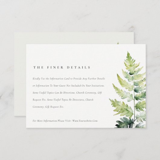 Vibrant Green Fern Foliage Weddenschap Detail Informatiekaartje (Voorkant / Achterkant)