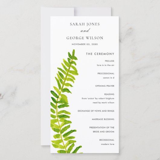 Vibrant Green Fern Foliage Wedding Program Kaart (Voorkant)
