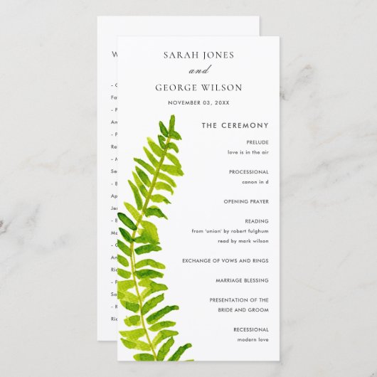 Vibrant Green Fern Foliage Wedding Program Kaart (Voorkant / Achterkant)