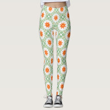 Vibrant Green & Orange Floral Leaf Pattern Legging