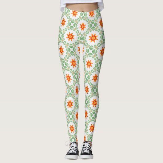 Vibrant Green & Orange Floral Leaf Pattern Legging (Voorkant)
