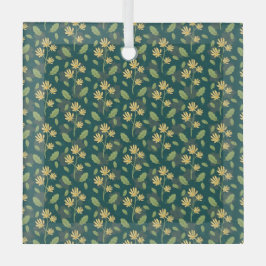 Vibrant Green Pattern with Yellow Flowers & Leaves Glas Ornament