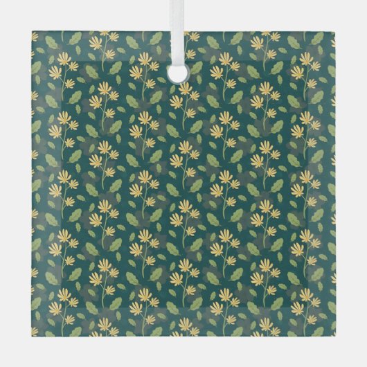 Vibrant Green Pattern with Yellow Flowers & Leaves Glas Ornament (Voorkant)