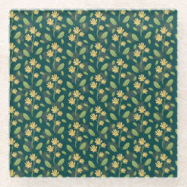 Vibrant Green Pattern with Yellow Flowers & Leaves Glazen Onderzetter