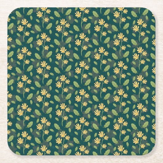 Vibrant Green Pattern with Yellow Flowers & Leaves Kartonnen Onderzetters (Voorkant)