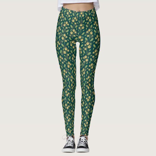 Vibrant Green Pattern with Yellow Flowers & Leaves Leggings (Voorkant)