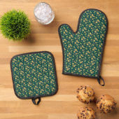 Vibrant Green Pattern with Yellow Flowers & Leaves Ovenwant & Pannenlap Set (Top down)