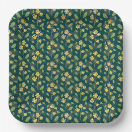 Vibrant Green Pattern with Yellow Flowers & Leaves Papieren Bordje