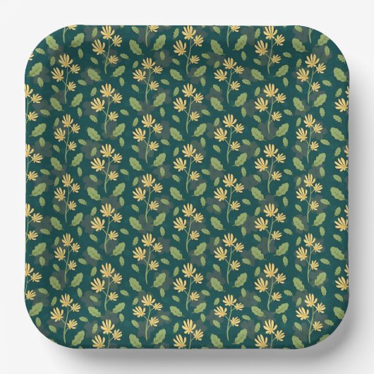 Vibrant Green Pattern with Yellow Flowers & Leaves Papieren Bordje (Voorkant)