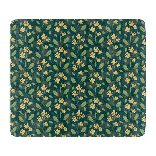 Vibrant Green Pattern with Yellow Flowers & Leaves Snijplank (Voorkant)